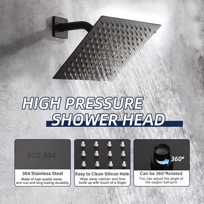 POP SANITARYWARE Matte Black Shower Faucet Set with Tub Spout Bathroom Rainfall 8 Inch Shower Head System with Handheld Single Handle Shower Trim Kit with Valve