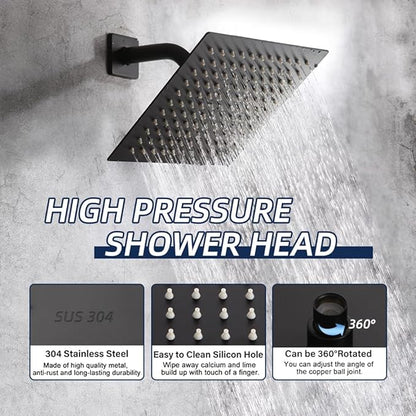 POP SANITARYWARE Matte Black Shower Faucet Set with Tub Spout Bathroom Rainfall 8 Inch Shower Head System with Handheld Single Handle Shower Trim Kit with Valve
