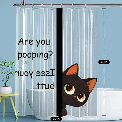 Clear Cute Funny Black Cat Shower Curtain Liner, Are You Pooping Shower Curtain, Fun Anime Cat Shower Curtains for Bathroom, 72x78 Plastic Cool Summer Shower Curtain Set with Weighted Magnets 12 Hooks
