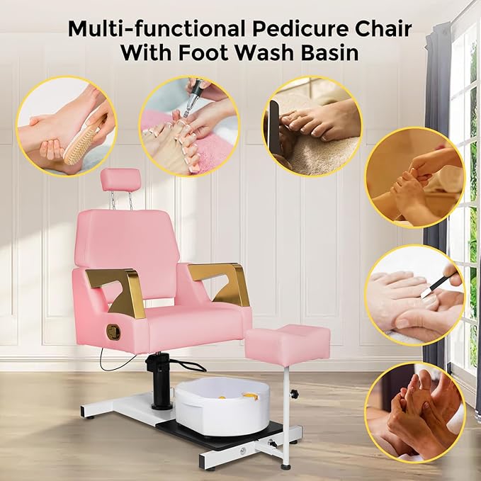 Reclining Pedicure Chair with Stool, Pedicure Station with Foot Massage Basin 360° Swivel Pedicure Chair Hydraulic Adjustable Height for Foot Spa Unit Station Pink