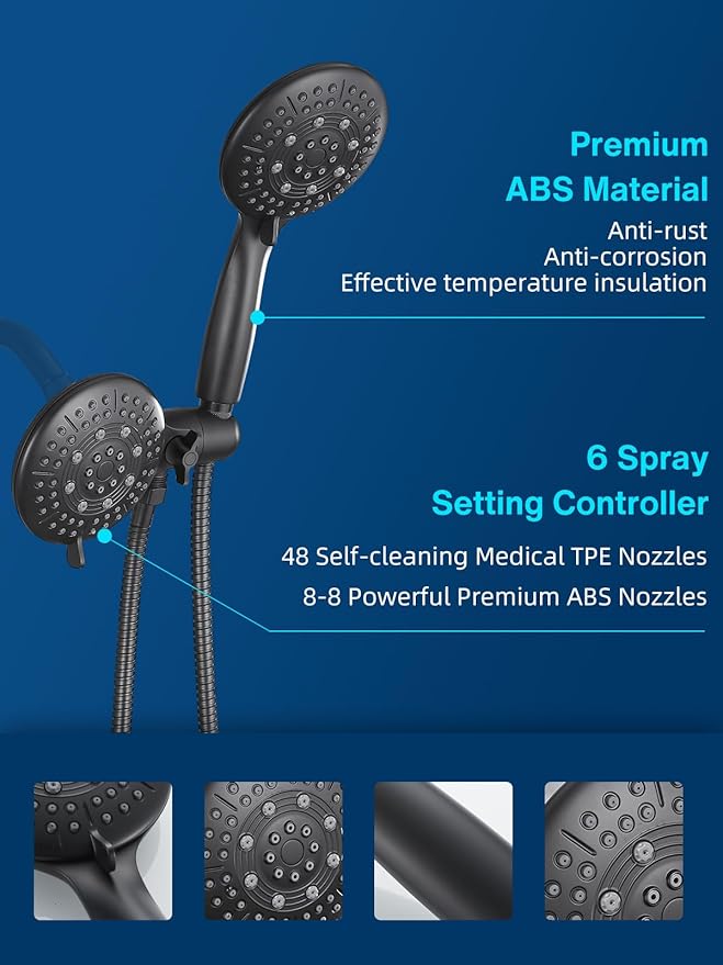 Cobbe Dual Handheld Shower Head Combo, Powerful Water-Saving Shower System 2 in 1 High Pressure Rainfall Shower Combo 48-Setting 3-Way Water Diverter with Anti-Swivel Lock Nut, 6 Spray Mode