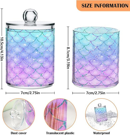 MNSRUU 4 Pack Qtip Holder Organizer Dispenser Pink Blue Mermaid Scales Bathroom Containers Bathroom Vanity Storage Canister Apothecary Jars for Cotton Swabs/Pads/Floss