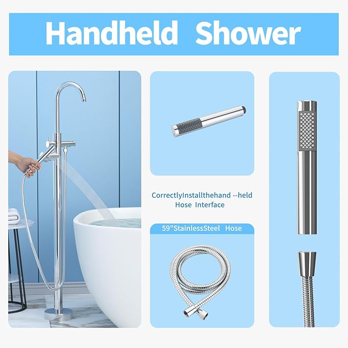 Freestanding Tub Filler Polished Chrome Floor Mount Bathtub Faucet Bathroom,Rough-in Valve 2 Function Handshower for Tub Rinsing Bathing,Anti-Wobble Base,Cylinder Handheld