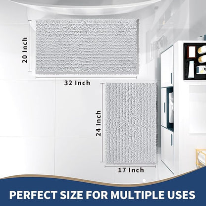 Yimobra Bathroom Rugs Sets 2 Piece - Quick Dry Extra Thick Luxury Chenille Bath Mat, Non Slip Super Absorbent for Tub Shower Sink, Machine Washable Shaggy Floor Mat, 32"x20"+24"x17" Inch, Silver