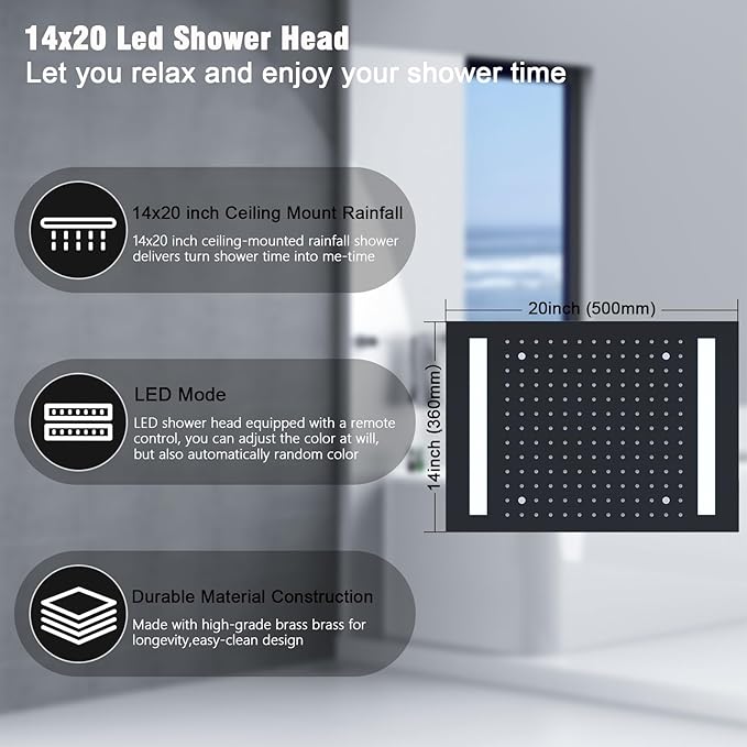 Thermostatic Shower System with 14x20 Inch Ceiling Mount LED Head & 6 Inch Wall Head and Handheld Shower 4 Function Vale with body jets Can All Run Together, Matte Black