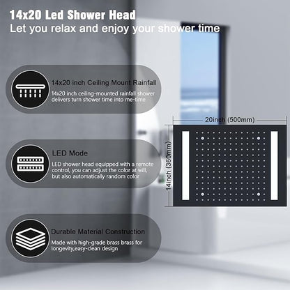 Thermostatic Shower System with 14x20 Inch Ceiling Mount LED Head & 6 Inch Wall Head and Handheld Shower 4 Function Vale with body jets Can All Run Together, Matte Black