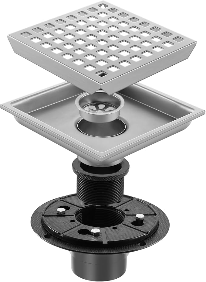Shower Drain, Chrome 6 inch Square Shower Floor Drain with Flange, Silver Removeable Grid Panel SUS 304 Stainless Steel Square Shower Drain