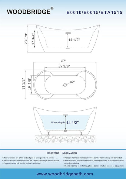 WOODBRIDGE 67" Acrylic Freestanding Bathtub Contemporary Soaking Tub with Brushed Nickel Overflow and Drain,Black,B1815-BN