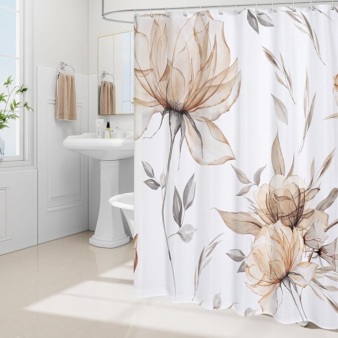 Light Brown and Grey Boho Watercolor Floral Shower Curtain, Ink Painting Style Blossom & Leaf Shower Curtains for Chic Elegant Bathroom, Artistic Tan Fabric Flower Shower Curtain, 72x72