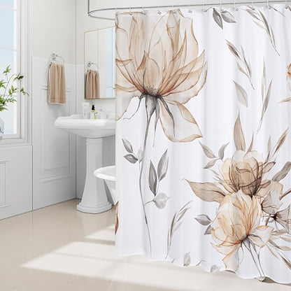 Long Boho Watercolor Floral Shower Curtain 72 x 78, Light Brown and Grey Ink Painting Style Flower Shower Curtains for Chic Elegant Bathroom, Artistic Tan 78 Inch Long Fabric Shower Curtain