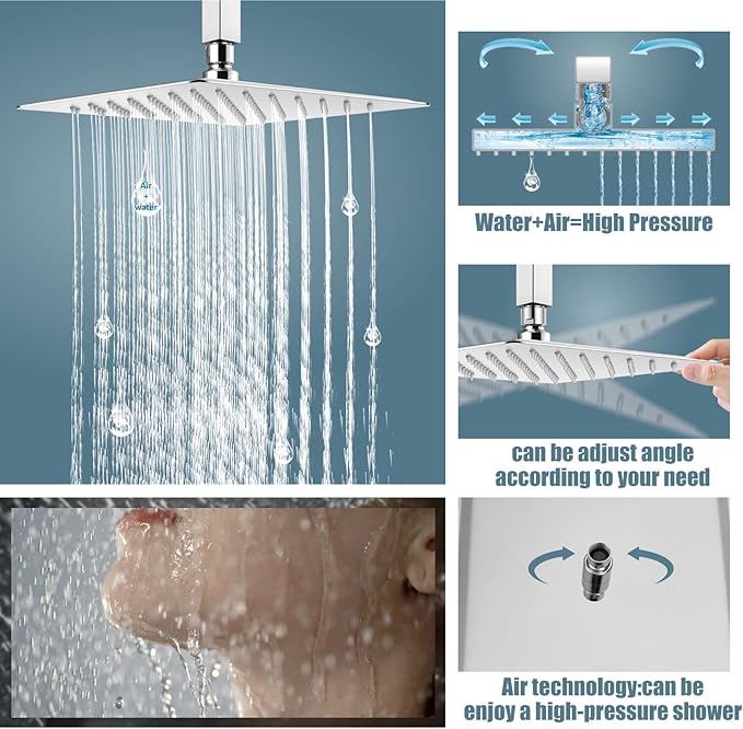 Aolemi Ceiling Mount Shower System Rain Shower Head with Handheld Spray High Pressure Shower Faucet Set Rough-in Valve Shower Trim Kit Included Bathroom Polish Chrome 10 Inch Ceiling Shower Head