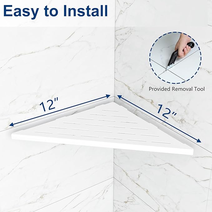 Corner Shower Shelves, 12” Recessed Tile Shower Shelf, 304 Stainless Steel Grout in Corner Tile Shower Shelves, No Drilling, Matte White, 2 Pack