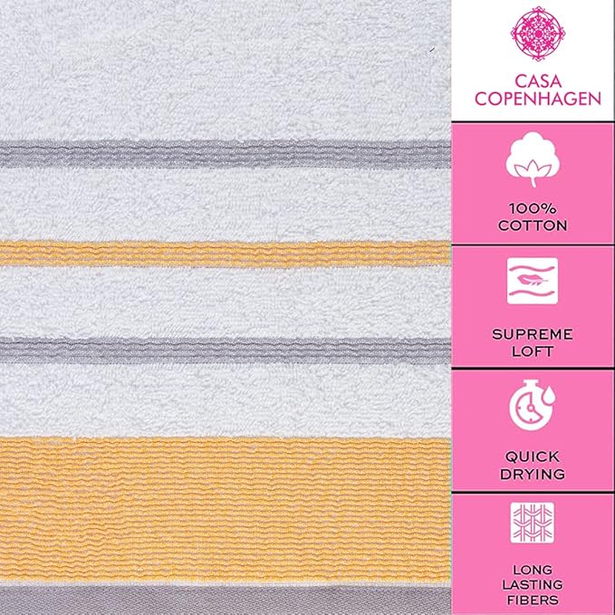 CASA COPENHAGEN White Bay, 6 Pieces Towel Set- White with Gold and Grey Violet Border, 600 GSM, 2Bath, 2Hand, 2Washcloths Egyptian Cotton Towel for Hotel Spa Kitchen Bathroom Kitchen & Shower