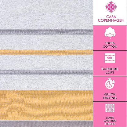 CASA COPENHAGEN White Bay, 6 Pieces Towel Set- White with Gold and Grey Violet Border, 600 GSM, 2Bath, 2Hand, 2Washcloths Egyptian Cotton Towel for Hotel Spa Kitchen Bathroom Kitchen & Shower