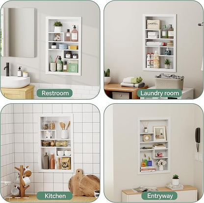 Stainless Steel Recessed Medicine Cabinet 14 * 24, Rust-proof Metal Wall Niche, In Wall Shower Niche Shelf Insert Replacement, Recessed Medicine Cabinets for Drywall, with 5 Compartments, White