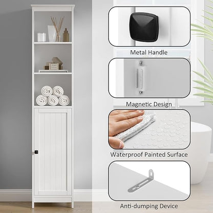 RRX Tall Bathroom Storage Cabinet,Slim Cabinet with Door &Shelf,13.8" L*12.6" W*63.4" H,Freestanding Narrow Cabinet with Anti-Tip,Storage for Kitchen,Entryway (Pure White)