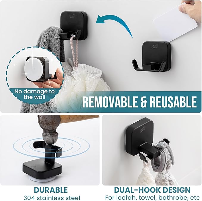 TAILI Patented Strong Suction Cup Holder, Thickened 304 Stainless Steel Bathroom Suction Hook for Towel, Loofah, Bathrobe, Damage-Free Hanging Shower Wall Hook, Double-Hook Widening Design, Black