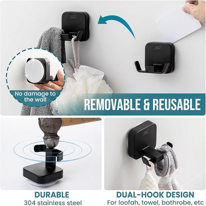 TAILI Patented Strong Suction Cup Holder, Thickened 304 Stainless Steel Bathroom Suction Hook for Towel, Loofah, Bathrobe, Damage-Free Hanging Shower Wall Hook, Double-Hook Widening Design, Black