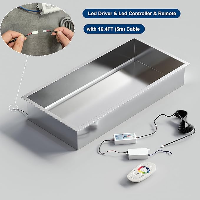 RGB LED Light Shower Niche, Brushed 24X12 in Stainless Steel Wall Cabinet with Remote Control, Waterproof No Tile Needed Wall Niche for Bathroom Storage Built-in Installation