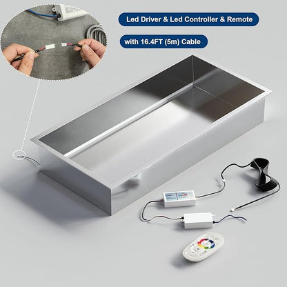 RGB LED Light Shower Niche, Brushed 24X12 in Stainless Steel Wall Cabinet with Remote Control, Waterproof No Tile Needed Wall Niche for Bathroom Storage Built-in Installation