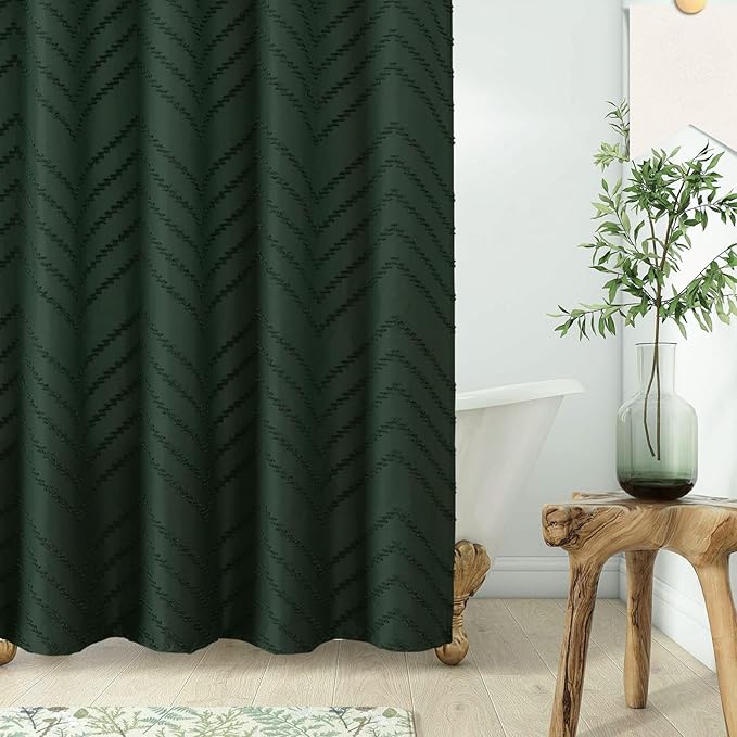 Dark Green Boho Shower Curtain 72 x 72 Inches Woven Fabric Shower Curtain Tufted Chervon Textured Shower Curtains Modern Minimalist Shower Curtains for Bathroom
