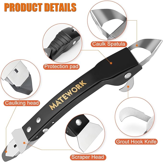 Caulking Tool Kit, Stainless Steel Caulk Remover Tool, 4 in 1 Grout Removal Tool, Sealant Finishing Tool with 5 Silicone Pads, Caulk Removal Tool for Shower Kitchen Bathroom Floor Window Sink, Black