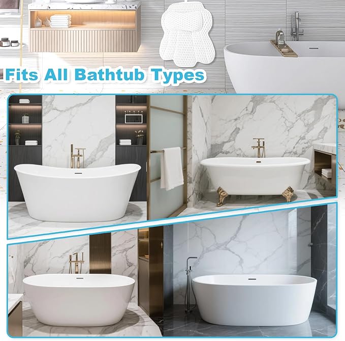 Bath Pillows for Tub, Ergonomic Bathtub Pillow for Head, Neck & Back Support, Soft Spa Cushion Washable with 4D Mesh & Non-Slip Suction Cups, Relaxing Hot Tub Accessories & Spa Gifts for Women and Men