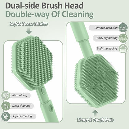 Silicone Back Scrubber for Shower, 16''-21''Extendable Shower Back Scrubber with Dual-Side Large Brush Head, 3-Length Back Brush Bath Brush with Strong Handle & Rich Foaming Bristles(Green)