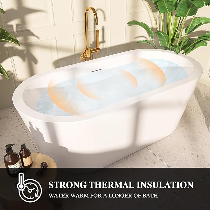 61" Freestanding Bathtubs, Acrylic Soaking Tubs for Adult, Integrated Overflow and Drain, cUPC Certified, Glossy White