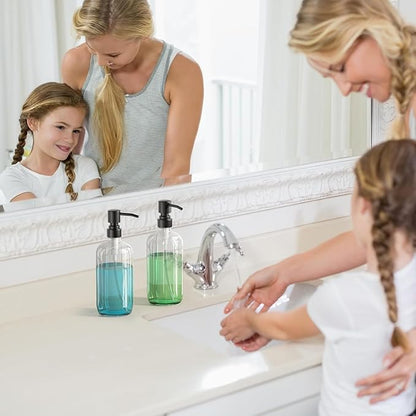 AmazerBath Soap Dispenser, 2 Pack Glass Soap Dispenser with Stainless Steel Pump, 17 Oz Bathroom Hand Soap Dispensers Bottle for Bathroom & Kitchen, Clear & Black