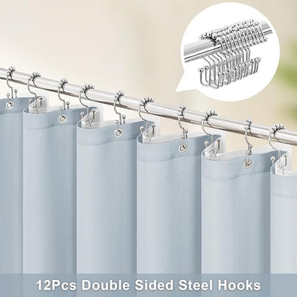 MitoVilla 3 in 1 Shower Curtain Set, FogBlue Boho Farmhouse Linen Textured Bath Curtain and Clear PEVA Liner Set with 12 Double Sided Steel Hooks, Waterproof Fabric Hotel Bathroom Curtain - 72x72