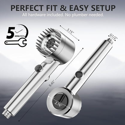Filtered Shower Head with Handheld, High Pressure Water Flow and Multiple Spray Modes Shower Head with Filter, Power Wash for Hard Water, Showerhead with ON/OFF Switch for Pets Bath (Chrome)