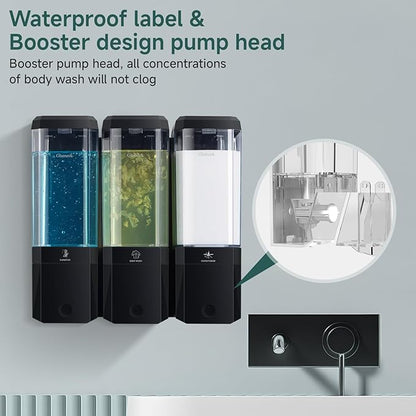 Shampoo and Conditioner Dispenser Wall Mounted No Drill, Shower Soap Dispenser 3 Chamber Shampoo Conditioner Body Wash Refillable 3 * 17oz Shower Soap Dispenser for Bathroom Hotel, Black+Clear