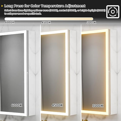 GroGro Lighted Medicine Cabinet with Mirror and Storage,24" W x 30" H LED Bathroom Medicine Cabinet with Mirror,Surface or Recessed Mounting,Defog,Dimming,3-Color Temperature,Right Opening Door