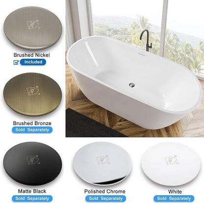 FerdY Bali 59" Acrylic Freestanding Bathtub, Gracefully Shaped Freestanding Soaking Bathtub with Brushed Nickel Drain & Minimalist Linear Design Overflow, Glossy White, cUPC Certified