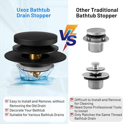 Bathtub Drain Stopper, Uxoz Universal Tub Stopper for Replacing Tip Toe/Trip Lever/Lift&Turn Tub Drain, Bath Tub Drain Stoppers Desiged for 1.5"-1.72" Drain Hole w/3 O-Rings, Black