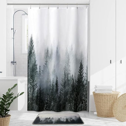 ORTIGIA 36x72 Misty Forest Stall Shower Curtain for Small Bathroom, Dark Green Half Size Narrow Nature Woodland Shower Curtain Set with Hooks, Waterproof Fabric Pine Tree Fog Magic Home Bath Curtain