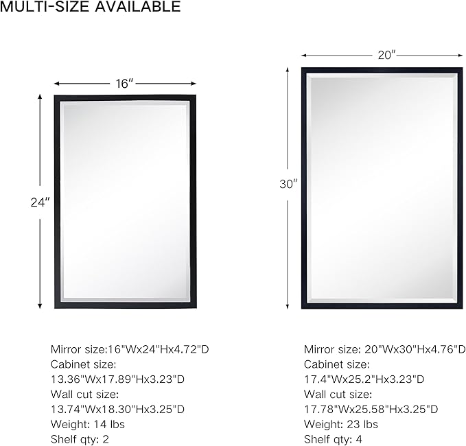 TEHOME Black Recessed Bathroom Medicine Cabinet with Mirror Squared Corner Rectangle Metal Framed Medicine Cabinet with Beveled Mirror 20x30''