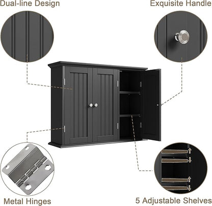 ChooChoo Bathroom Wall Cabinet with 3 Doors, Laundry Cabinet Wall Mounted, Medicine Cabinet with Adjustable Shelves, Hanging Kitchen Cupboard Organizer, Black