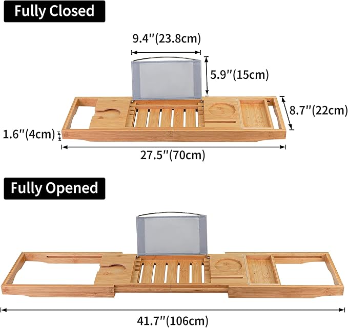 Utoplike Bamboo Bathtub Caddy Tray Bath Tray for Tub, Adjustable Bathroom Bathtub Organizer with Book Tablet Wine Glass Cup Towel Holder