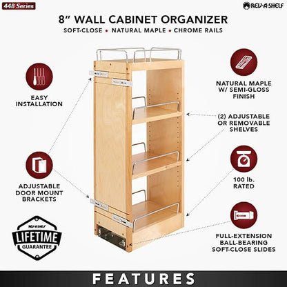 Rev-A-Shelf 8" Pull Out Shelf Organizer for Kitchen and Bathroom Cabinets, Wooden Slide Out Spice or Medicine Rack w/Soft-Close, 448-BBSCWC-8C