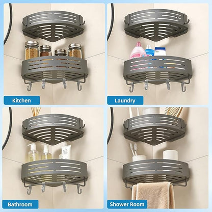 Suction Cup Shower Caddy Corner, Shower Storage Rack With Large Capacity, No Drilling Suction Shelves Space-Saving Shower Organizer with Towel Bar Hooks for Bathroom & Home Decor(2pcs, Gray)