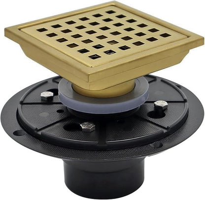 4 Inch Square Shower Floor Drain with Flange,Quadrato Pattern Grate Removable,Food-Grade SUS 304 Stainless Steel,Brushed Gold