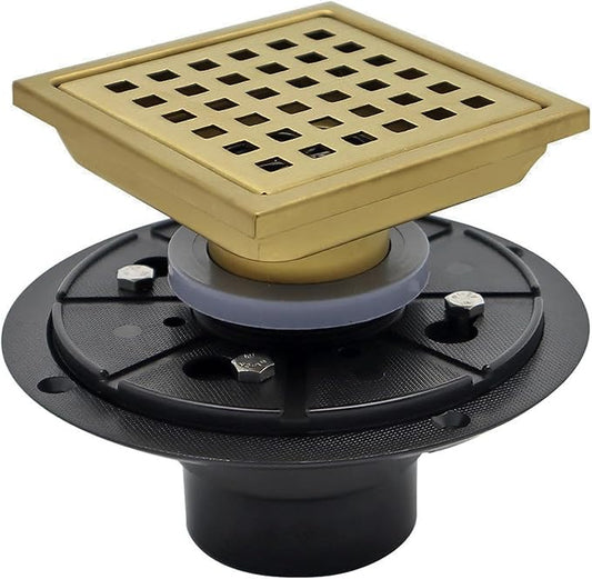 4 Inch Square Shower Floor Drain with Flange,Quadrato Pattern Grate Removable,Food-Grade SUS 304 Stainless Steel,Brushed Gold