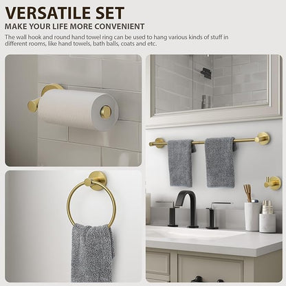 Brushed Gold Bathroom Hardware Set 4 Piece Towel bar Set,Towel Rack for Bathroom Wall Mounted Adjustable Expandable 24 inch Towel Holder Robe Hook Towel Ring Toilet Paper Holder
