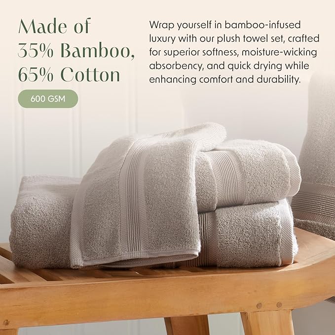 Springtree Home Luxury Bamboo Rayon Bath Towel Set 6 Piece Set | 35% Bamboo Rayon - 65% Cotton | Absorbent Quick-Dry Towels for Bathroom | Oeko-TEX Standard 100 Cotton | Cobblestone