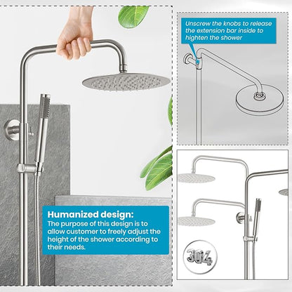 gotonovo Outdoor Shower Fixtures SUS304 Stainless Steel Rain Shower Kit Faucet High Pressure Wall Mount 2 Dual Function 8 Inch Showerhead and Handheld Spray Combo, Double Cross Handle, Brushed Nickel
