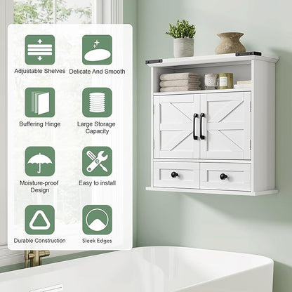 Bathroom Wall Cabinet, 23x25 Inch Farmhouse Medicine Cabinet Over Toilet with Drawer 2 Doors, Motion Lighting & Adjustable Shelves, White Above Toilet Storage for Laundry, Kitchen