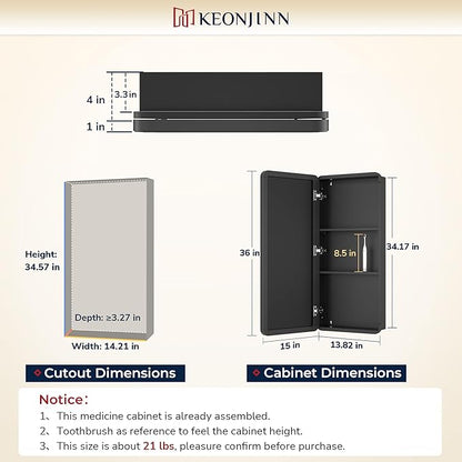 Keonjinn 15 x 36 Inch Black Slim Medicine Cabinets, Narrow Bathroom Medicine Cabinet with Mirror, Stainless Steel Framed, Adjustable Shelves, Recessed or Wall Mount, Soft Closing, Modern Farmhouse