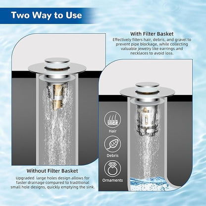 Hibbent 3 Pack Upgraded 3 in 1 Bathroom Sink Drain Strainer, Universal Pop Up Stopper with Removable Stainless Steel Filter Basket Hair Catcher, Sink Plug for 1.1''~2.36'' Basin, Brass Core, Chrome